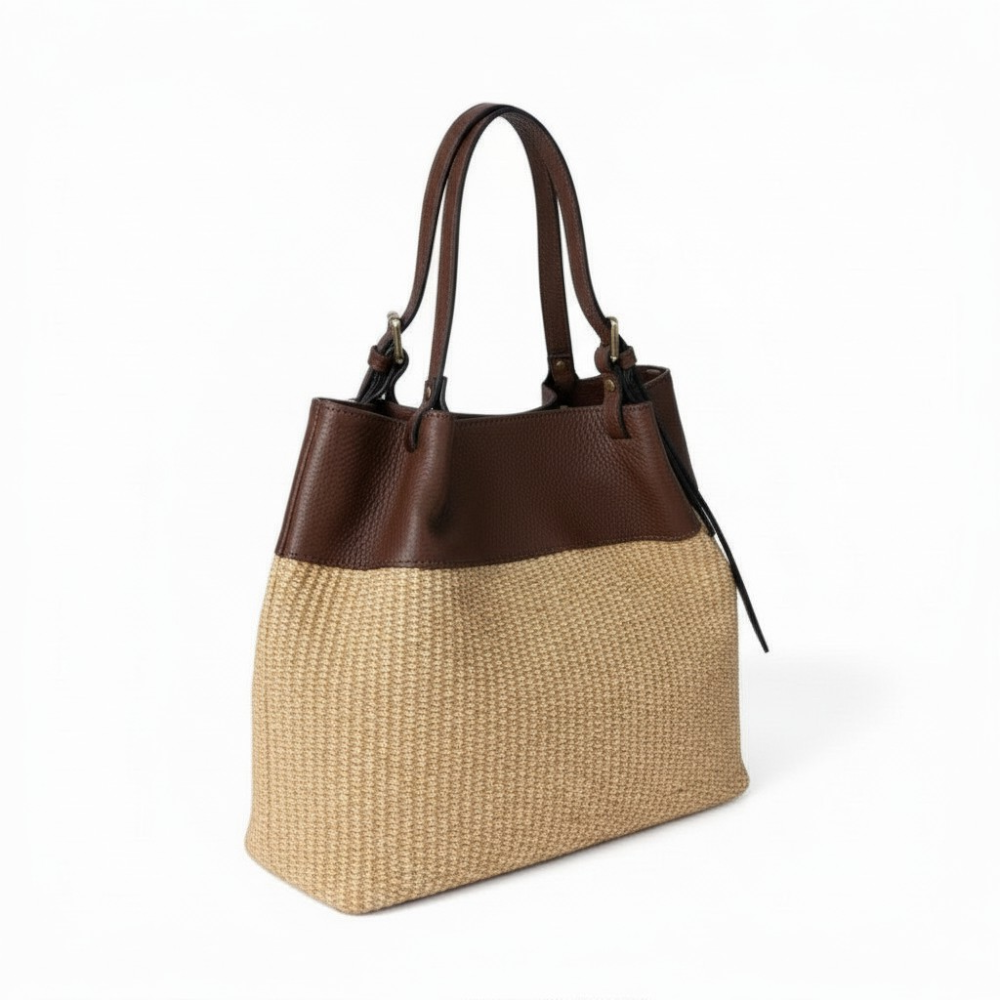 BORSA A SPALLA EFFETTO PAGLIA E PARTE SUPERIORE IN PELLE