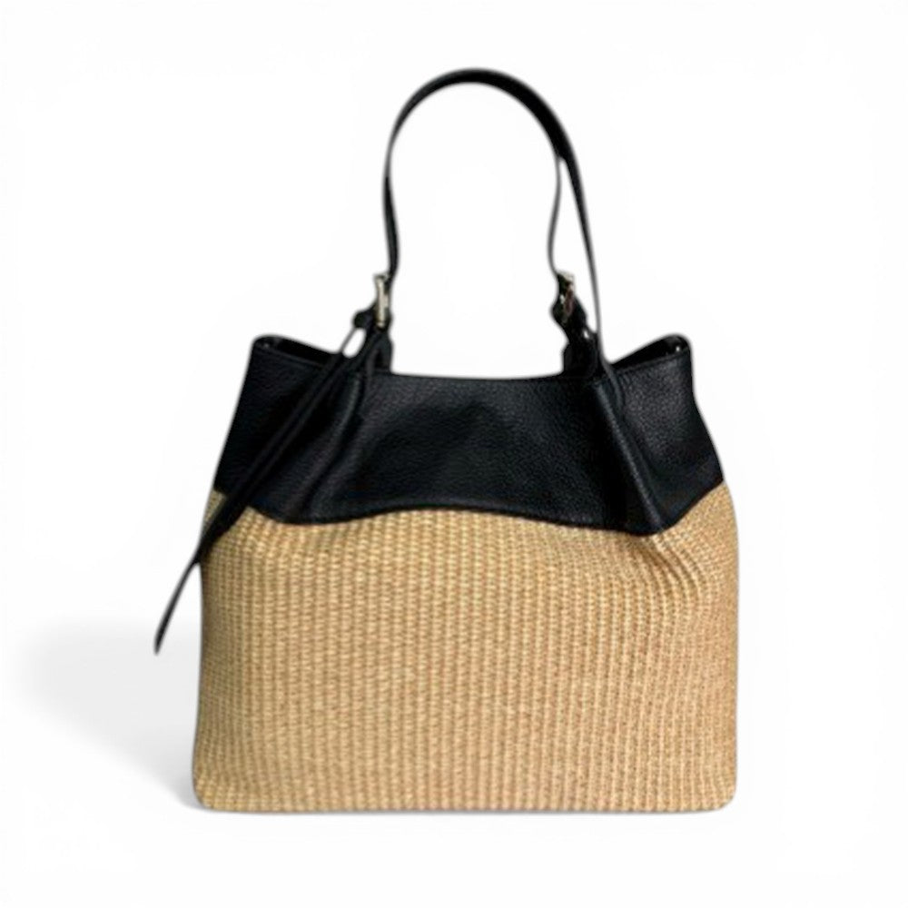 BORSA A SPALLA EFFETTO PAGLIA E PARTE SUPERIORE IN PELLE