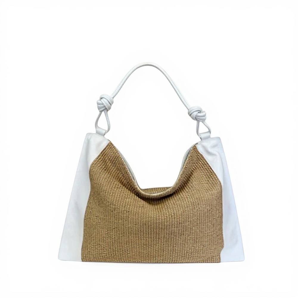 BORSA SPALLA INTRECCIATA EFFETTO PAGLIA E STRISCE LATERALI IN PELLE