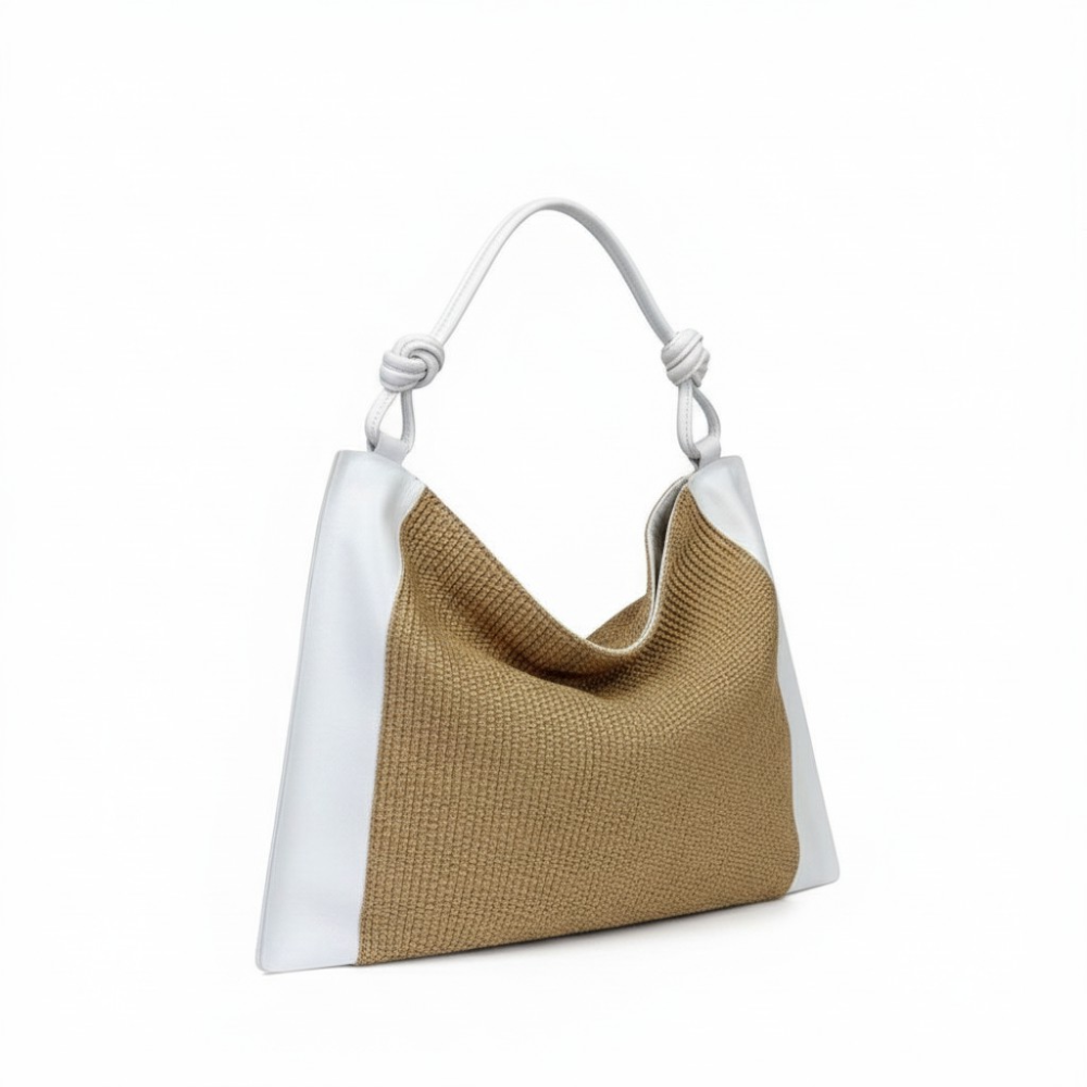 BORSA SPALLA INTRECCIATA EFFETTO PAGLIA E STRISCE LATERALI IN PELLE