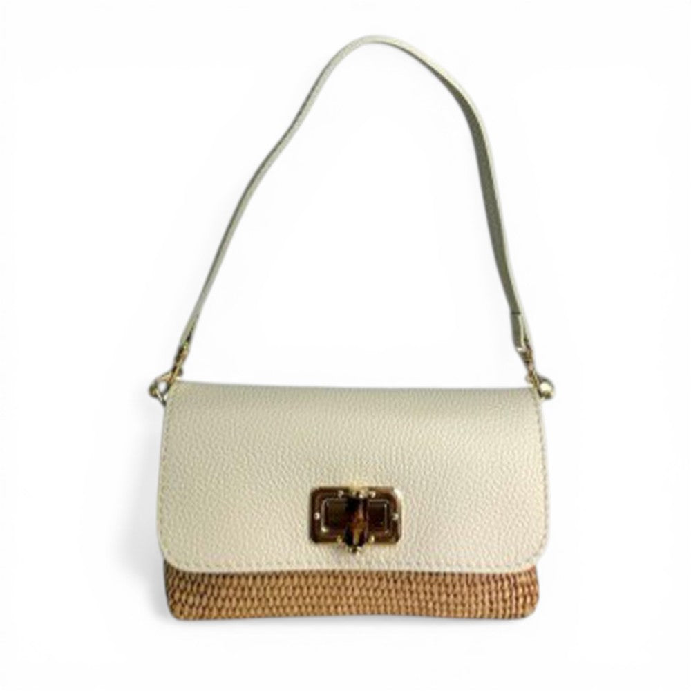 BORSA POCHETTE CON BASE EFFETTO PAGLIA E GIRELLO IN BAMBOO