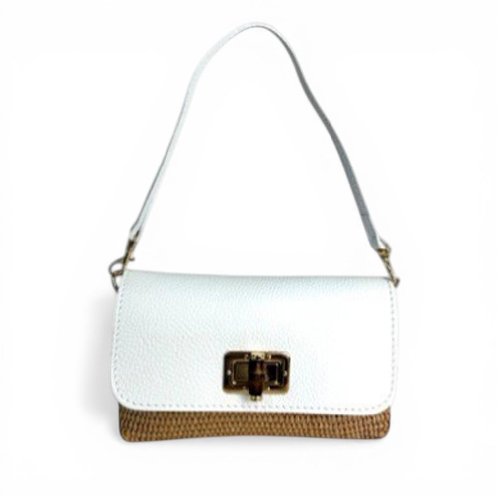 BORSA POCHETTE CON BASE EFFETTO PAGLIA E GIRELLO IN BAMBOO