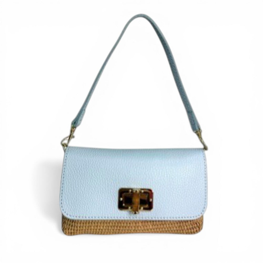 BORSA POCHETTE CON BASE EFFETTO PAGLIA E GIRELLO IN BAMBOO