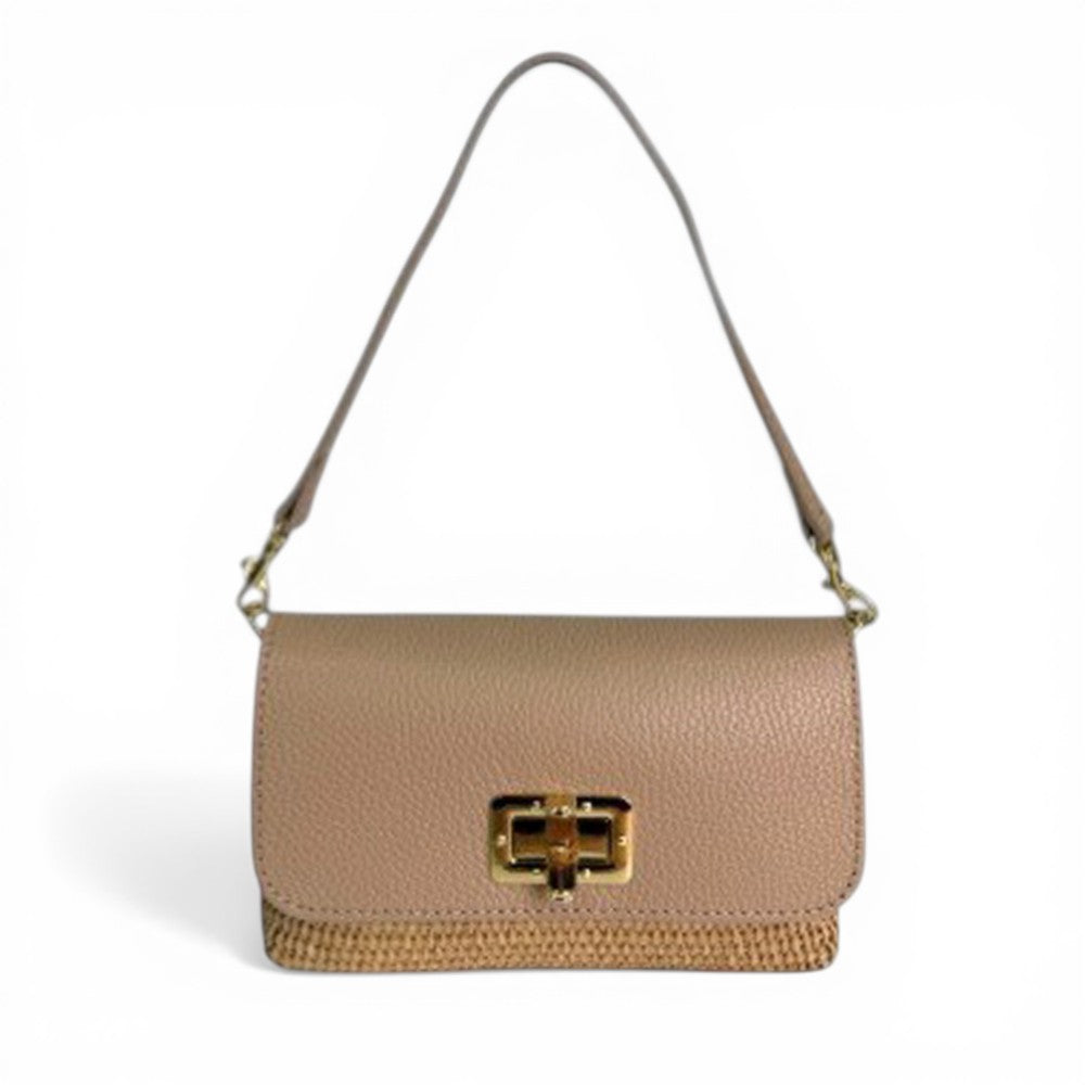 BORSA POCHETTE CON BASE EFFETTO PAGLIA E GIRELLO IN BAMBOO