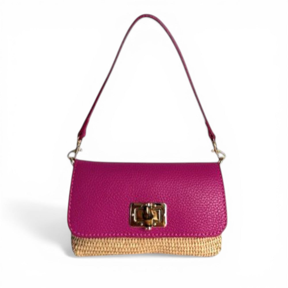 BORSA POCHETTE CON BASE EFFETTO PAGLIA E GIRELLO IN BAMBOO