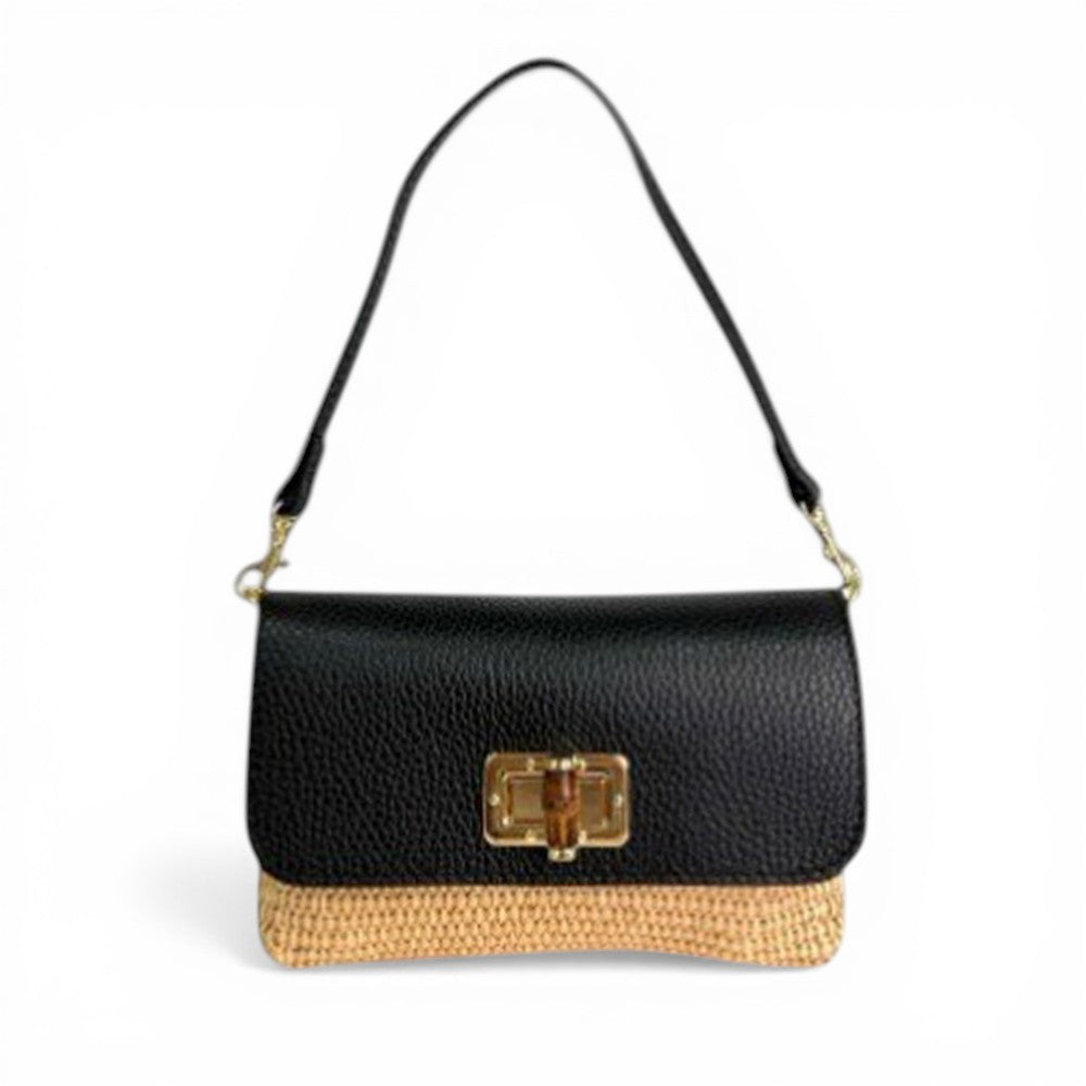 BORSA POCHETTE CON BASE EFFETTO PAGLIA E GIRELLO IN BAMBOO