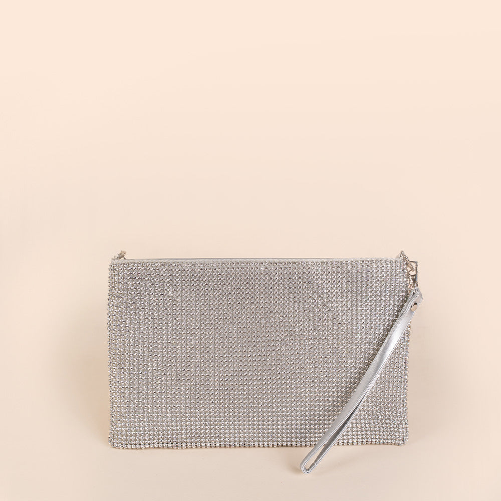 BORSA POCHETTE A BUSTINA CON STRASS, POLSINO E TRACOLLA A CATENA