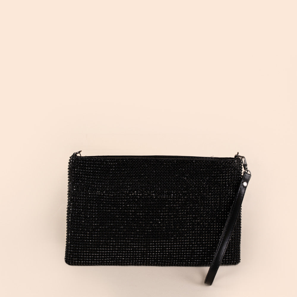 BORSA POCHETTE A BUSTINA CON STRASS, POLSINO E TRACOLLA A CATENA