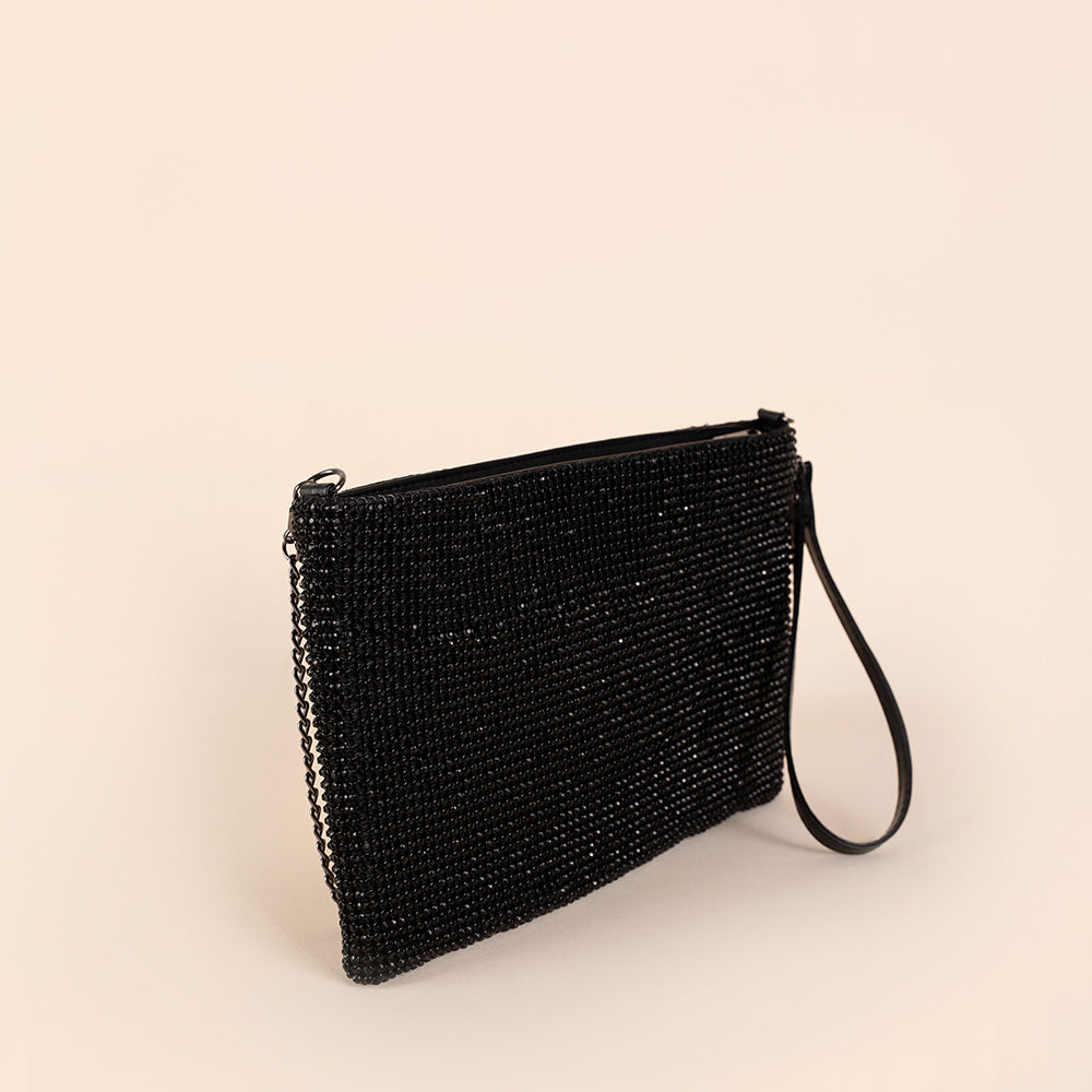 BORSA POCHETTE A BUSTINA CON STRASS, POLSINO E TRACOLLA A CATENA