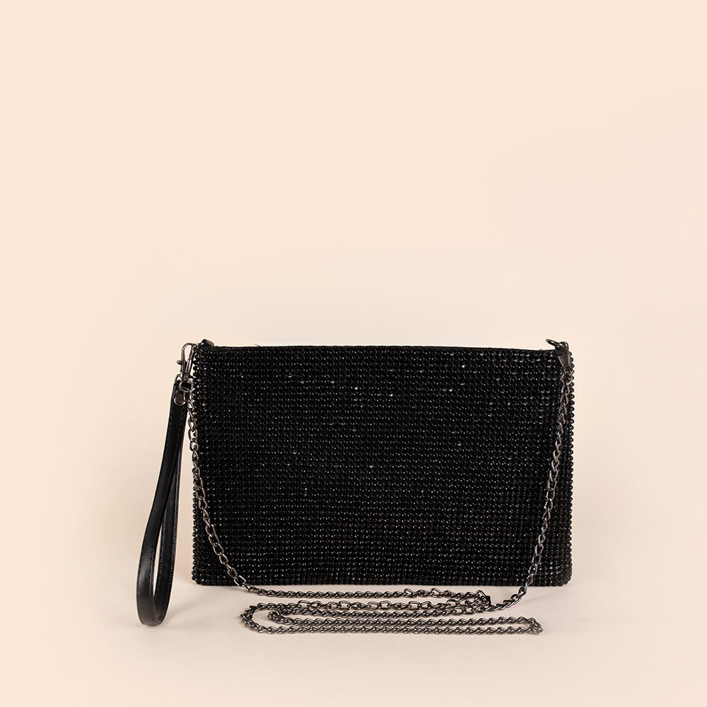 BORSA POCHETTE A BUSTINA CON STRASS, POLSINO E TRACOLLA A CATENA