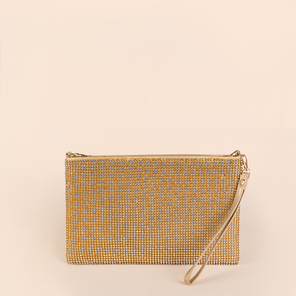 BORSA POCHETTE A BUSTINA CON STRASS, POLSINO E TRACOLLA A CATENA