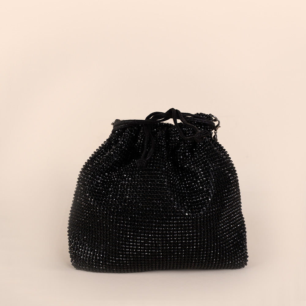 BORSA POCHETTE A SECCHIELLO CON LACCETTI, STRASS E TRACOLLA