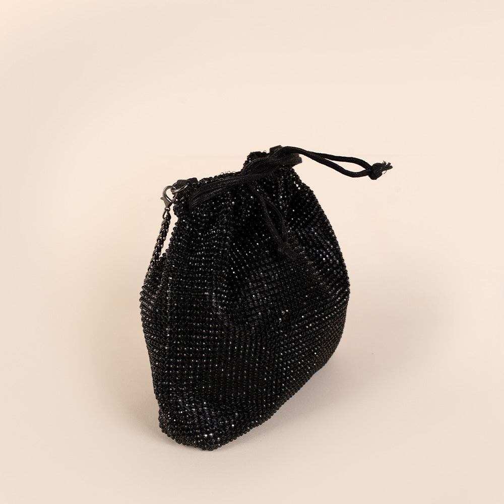 BORSA POCHETTE A SECCHIELLO CON LACCETTI, STRASS E TRACOLLA