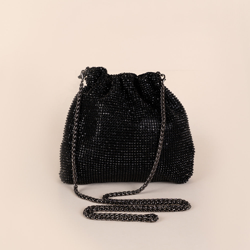 BORSA POCHETTE A SECCHIELLO CON LACCETTI, STRASS E TRACOLLA