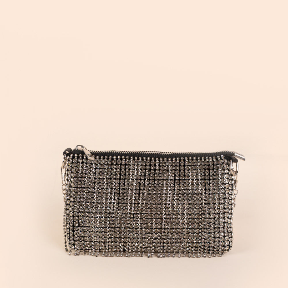 BORSA POCHETTE CON FILE DI STRASS PENDENTI E TRACOLLA