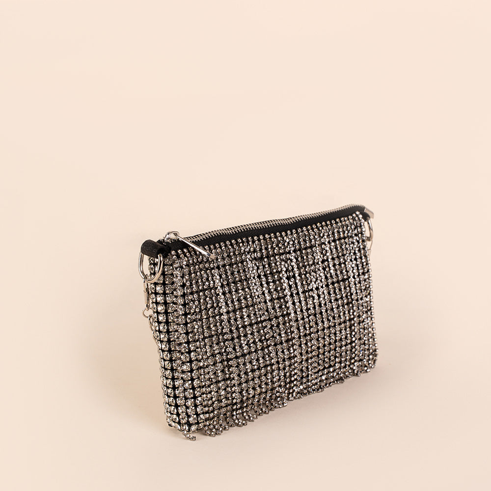 BORSA POCHETTE CON FILE DI STRASS PENDENTI E TRACOLLA