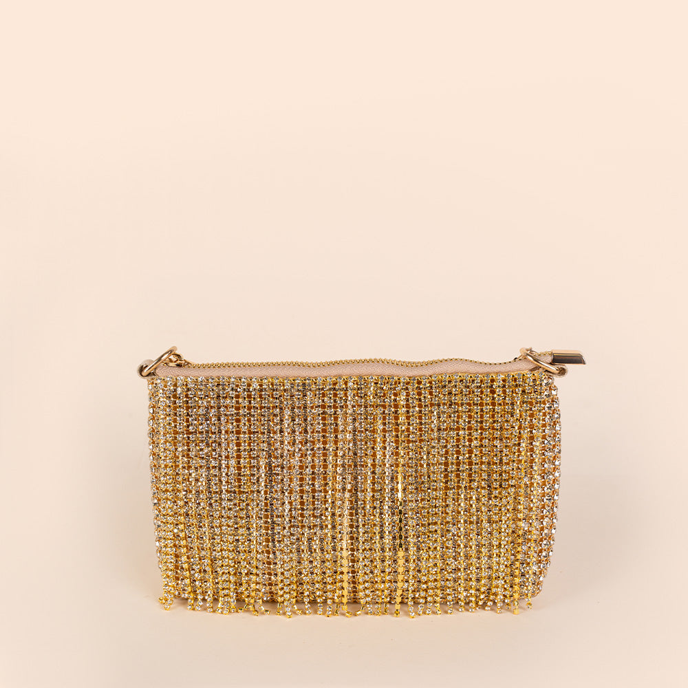 BORSA POCHETTE CON FILE DI STRASS PENDENTI E TRACOLLA
