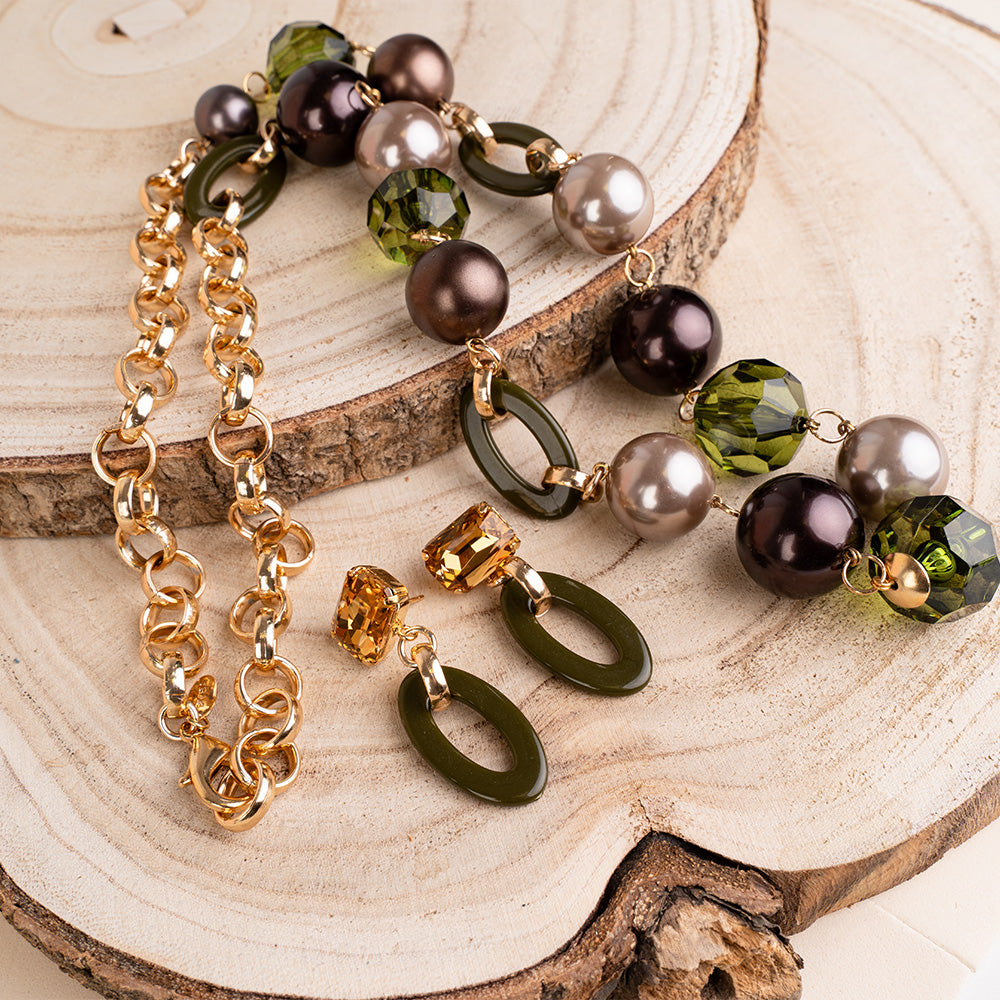 PARURE COLLANA E ORECCHINI CON COMPONENTI DI DIVERSA FORMA TONO SU TONO