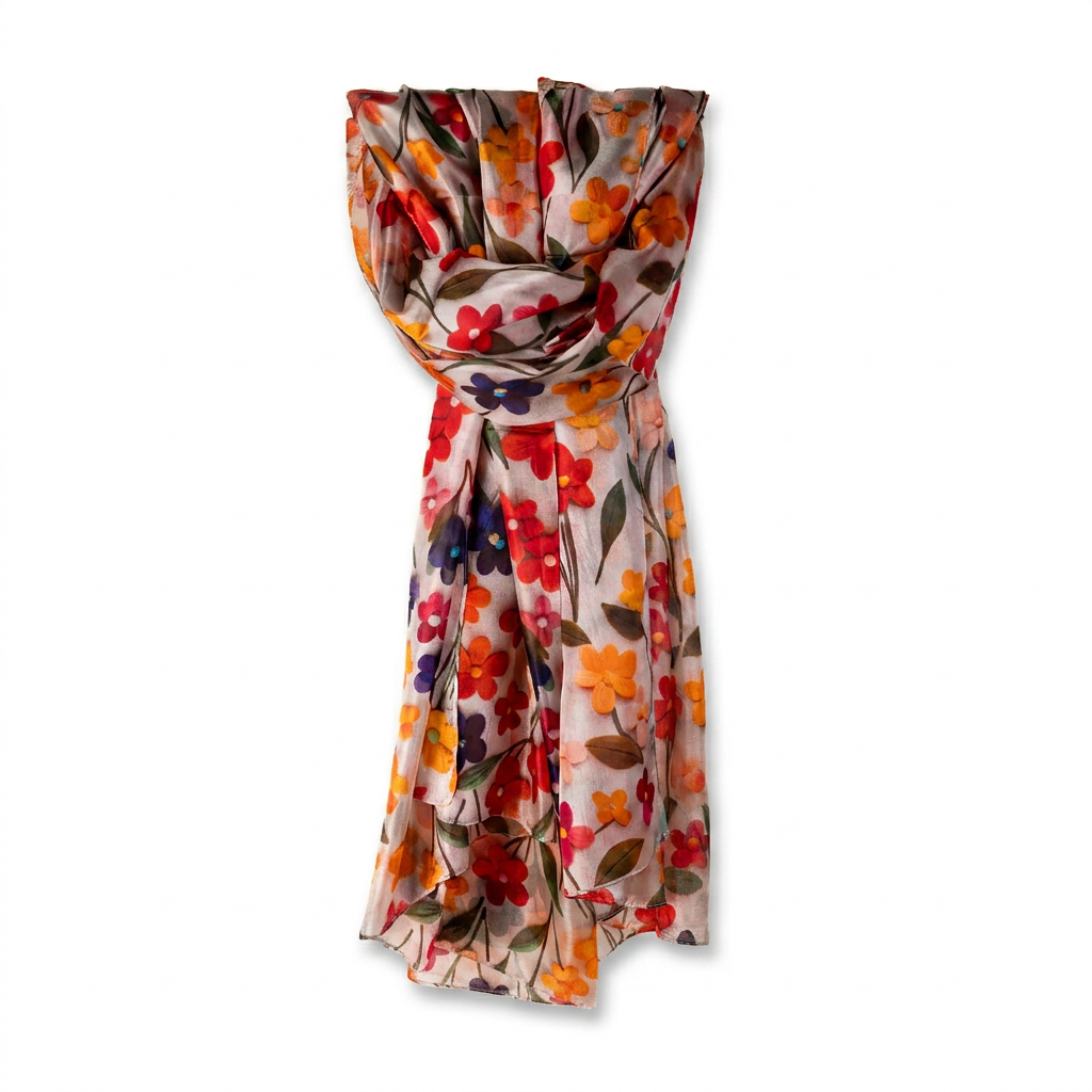 LARGE RECTANGULAR SILK SCARF WITH FLOWERS AND STEM