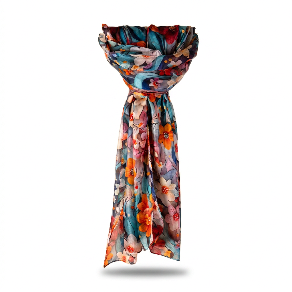 LARGE RECTANGULAR SILK SCARF WITH FLOWERS