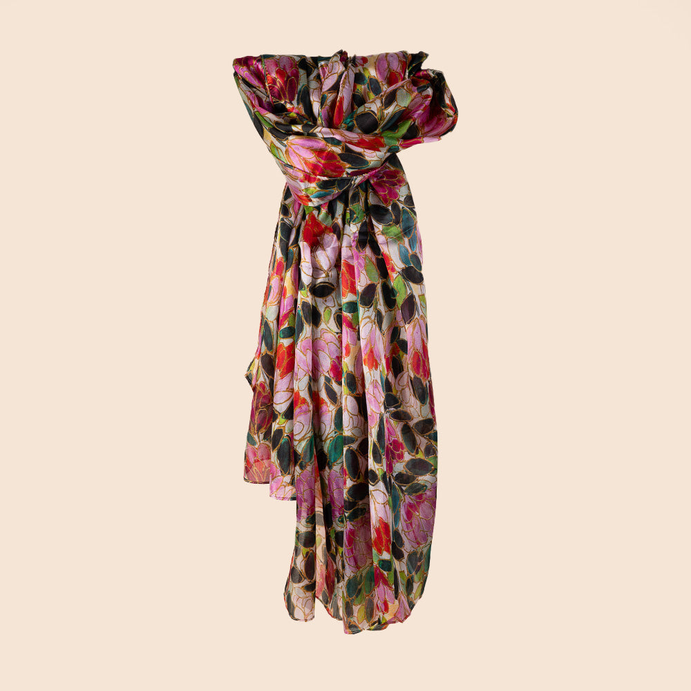 SCIARPA FOULARD IN SETA GRANDE RETTANGOLARE CON FIORI E PETALI