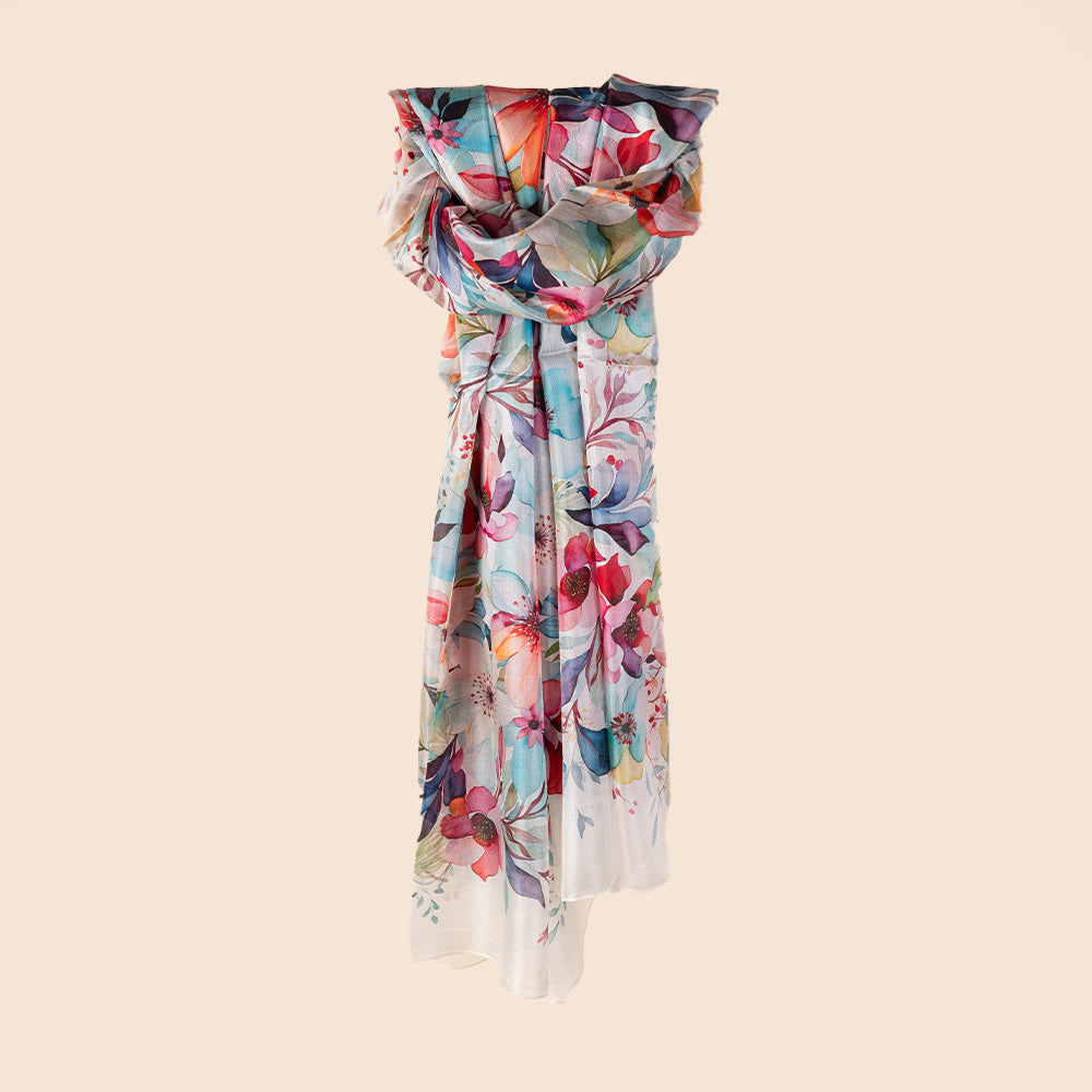 SCIARPA FOULARD IN SETA GRANDE RETTANGOLARE CON FIORI COLORATI