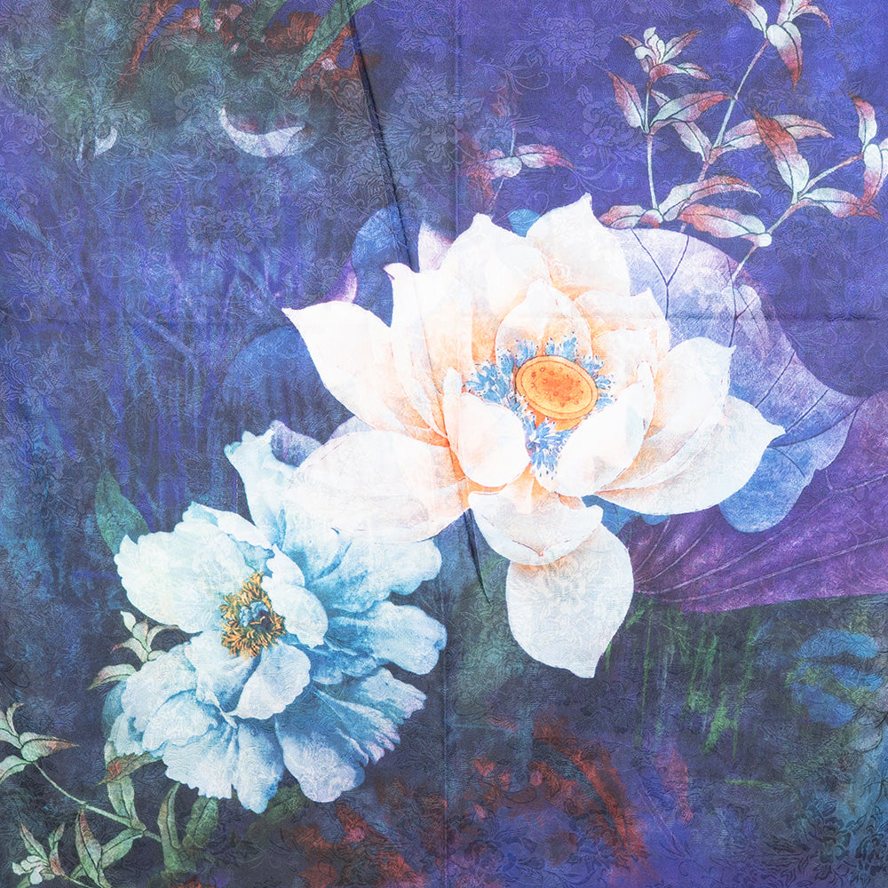 DOUBLE DAMASK SCARF WITH FLOWERS AND PETROL BACKGROUND