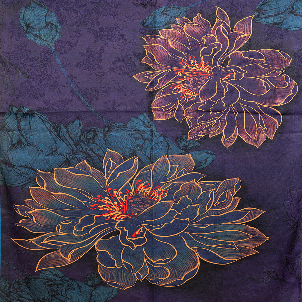 DOUBLE DAMASK SCARF WITH LARGE FLOWER AND PURPLE BACKGROUND