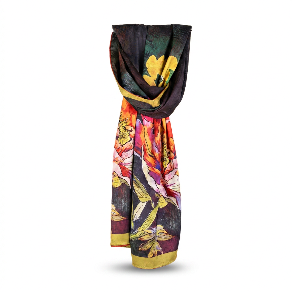 DOUBLE DAMASK SCARF WITH LARGE FLOWERS AND GREEN BACKGROUND