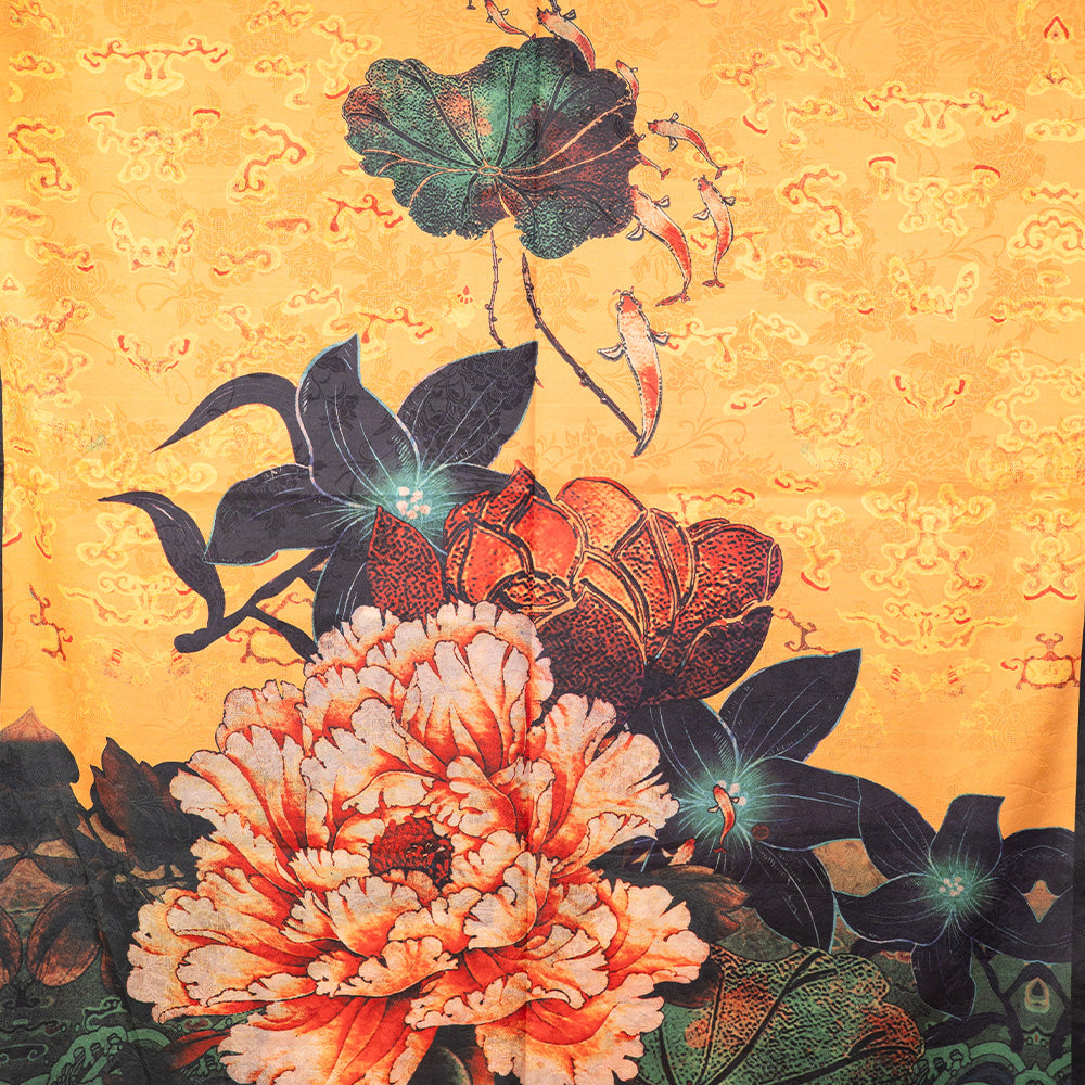 DOUBLE DAMASK SCARF WITH PEONY AND YELLOW BACKGROUND