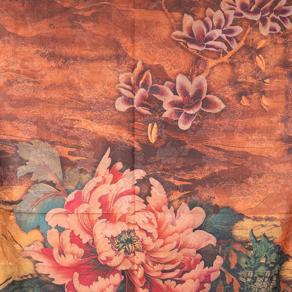 DOUBLE DAMASK SCARF WITH PEONY AND DARK GREEN BACKGROUND