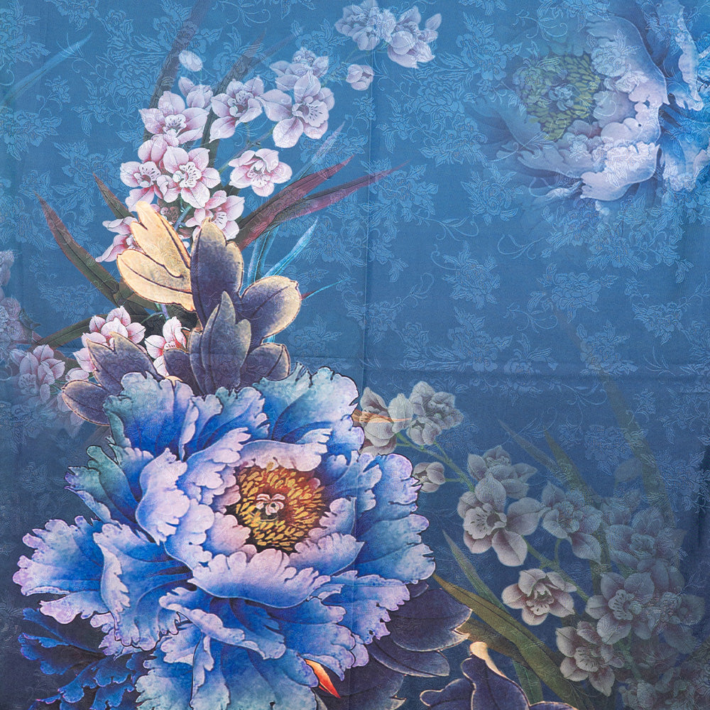 DOUBLE DAMASK SCARF WITH PEONY AND FUCHSIA BACKGROUND