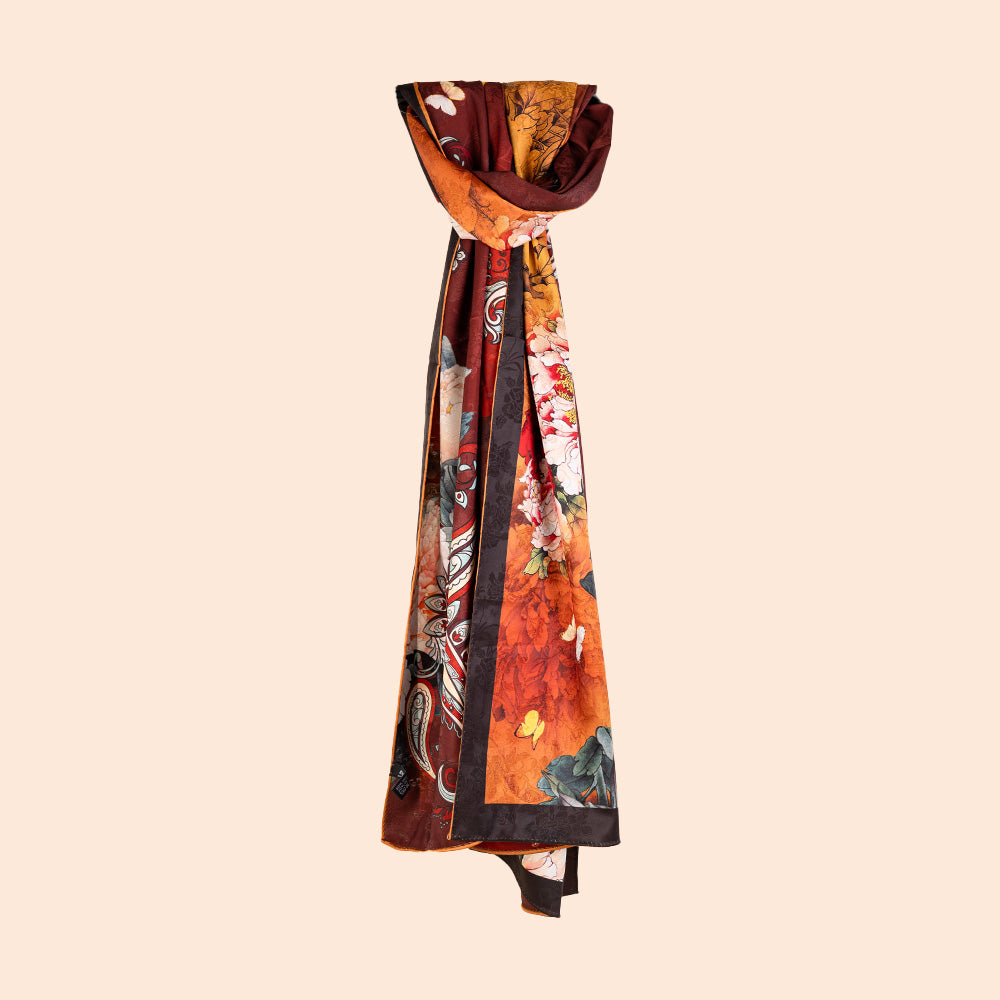 DOUBLE DAMASK SCARF WITH JAPANESE FLOWERS