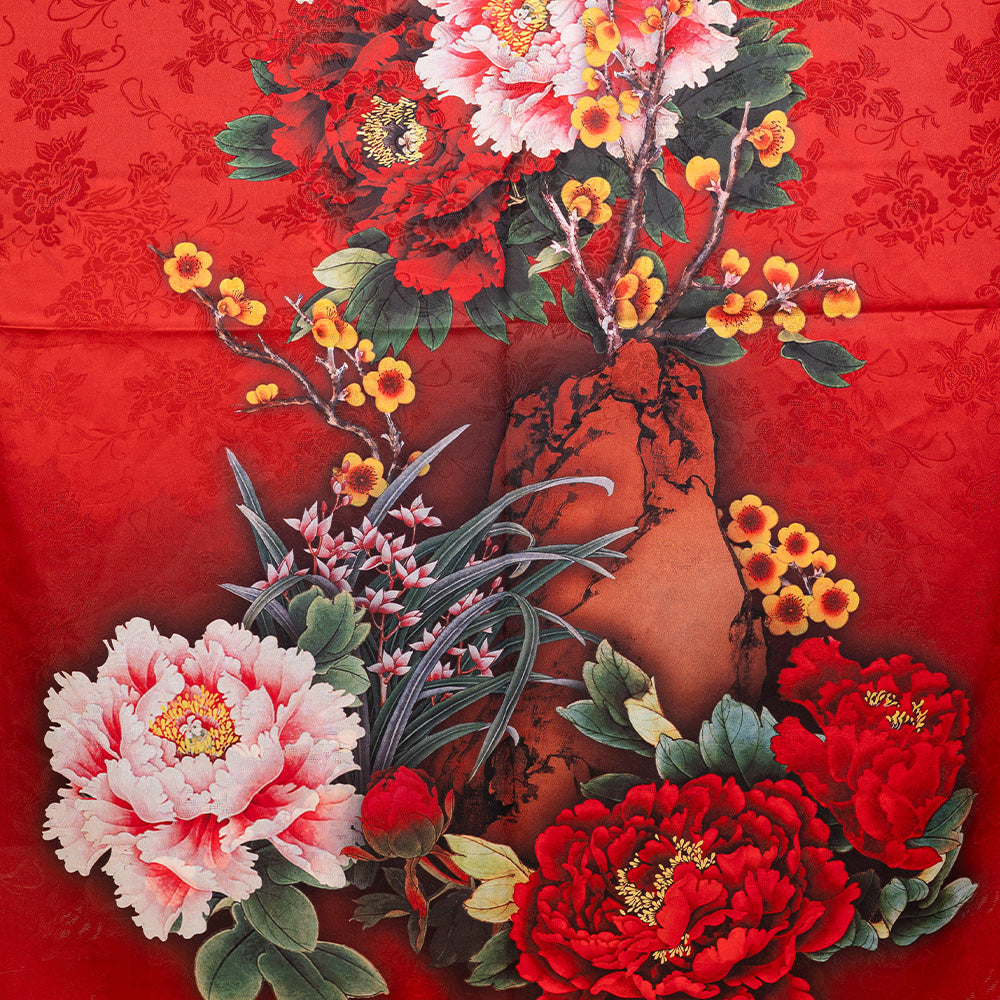 DOUBLE DAMASK SCARF WITH JAPANESE FLOWERS AND RED BACKGROUND