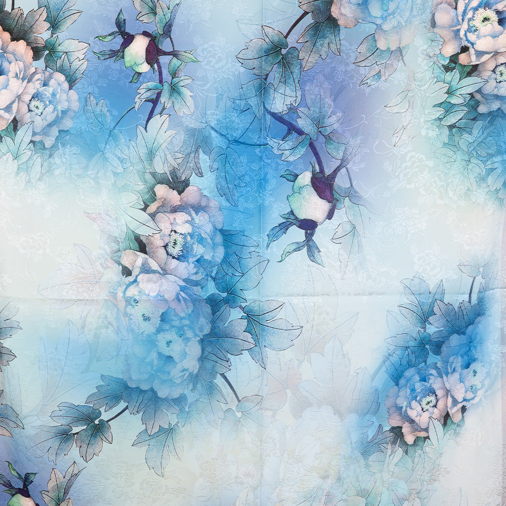 DOUBLE DAMASK SCARF WITH JAPANESE FLOWERS AND YELLOW BACKGROUND