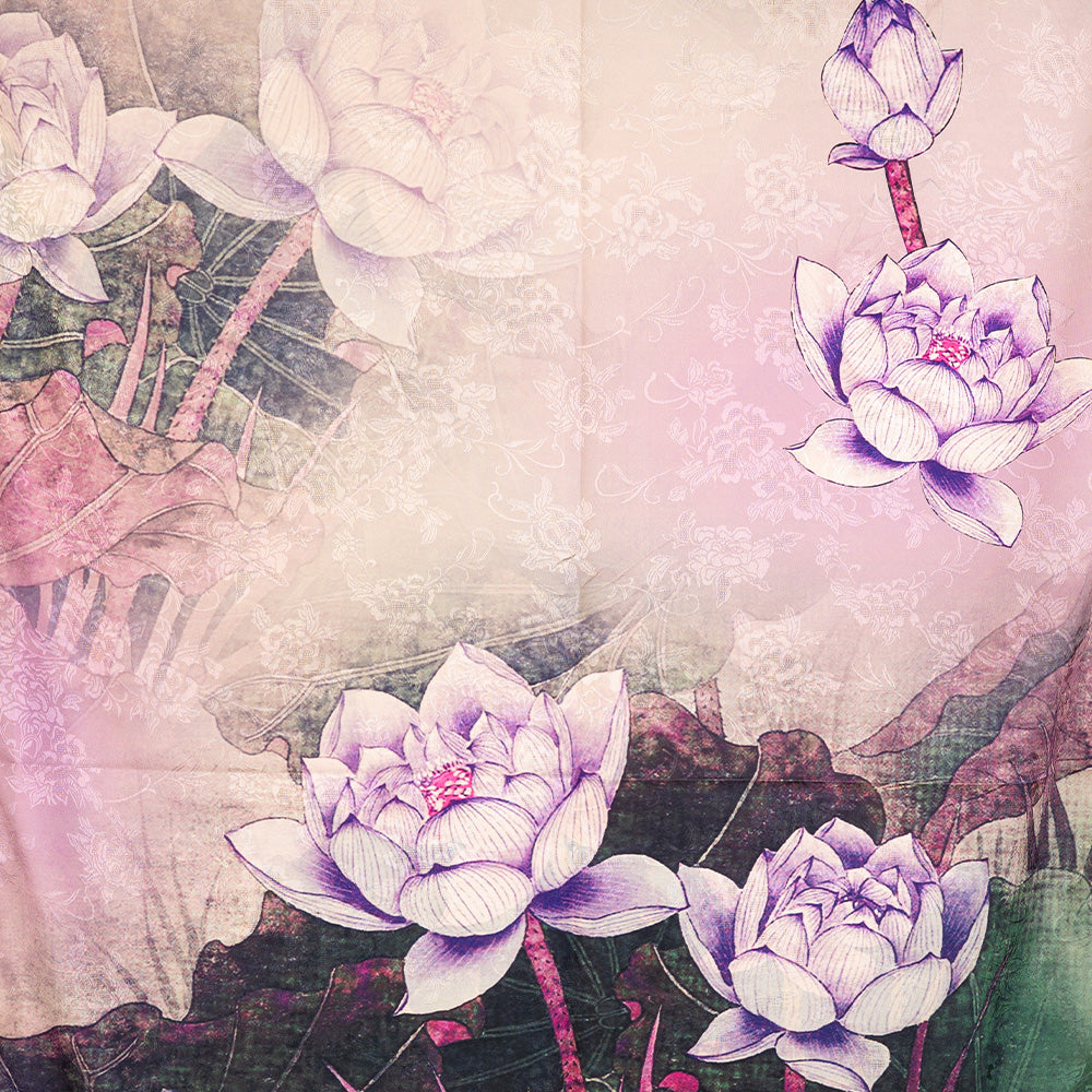 DOUBLE DAMASK SCARF WITH JAPANESE FLOWERS AND ANTIQUE PINK GREEN BACKGROUND