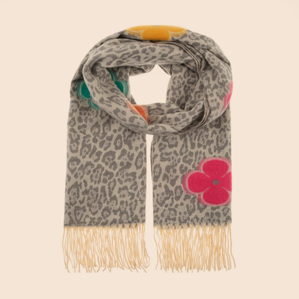 SCIARPA MACULATA CON FIORI A CONTRASTO