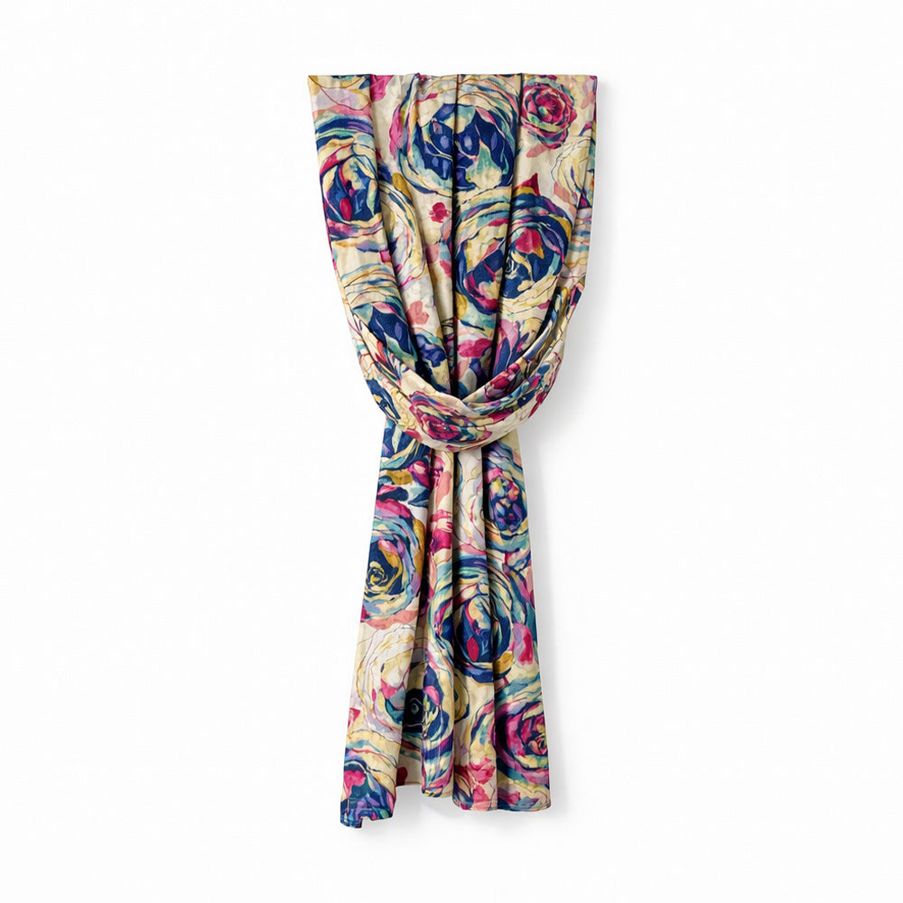 SCIARPA FOULARD IN SETA GRANDE CON ROSE DIPINTE PER BLOCCHI DI COLORE
