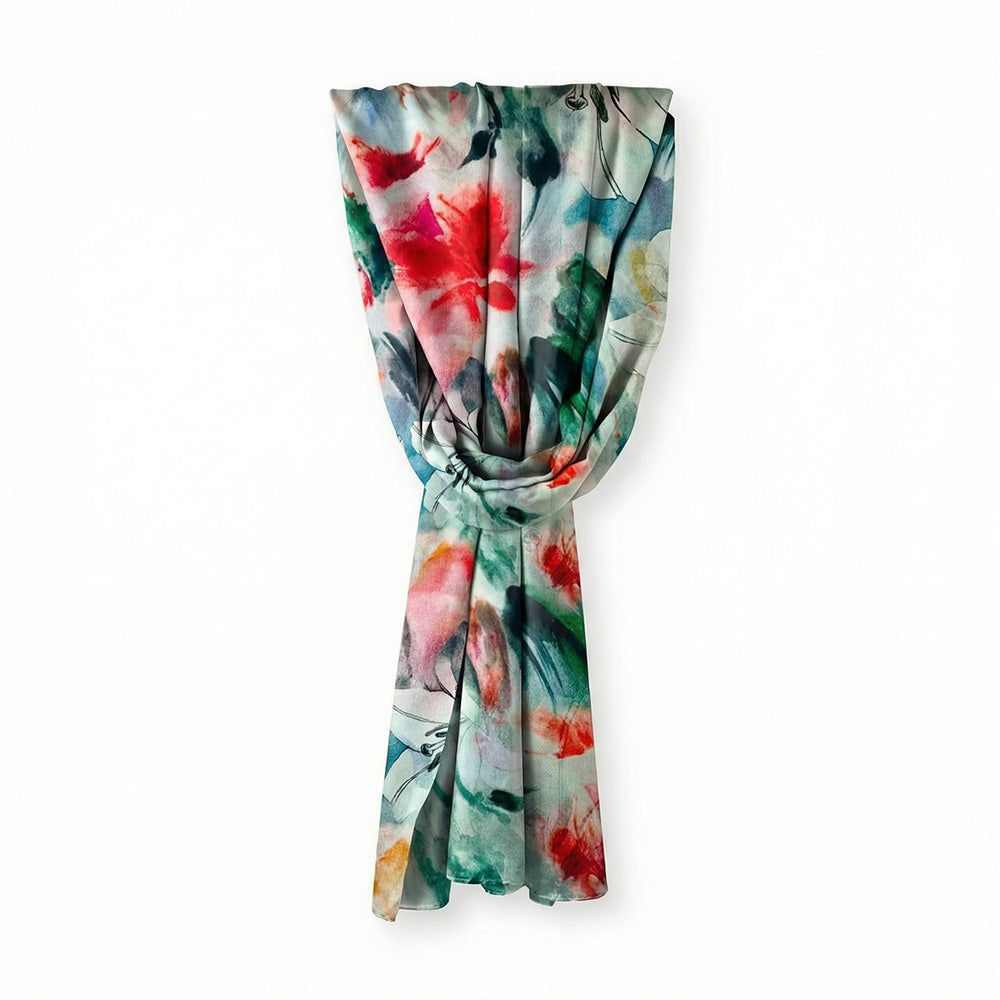 SCIARPA FOULARD IN SETA GRANDE CON FIORI A SFONDO VERDE ACQUA