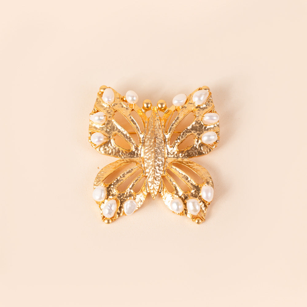 LARGE HAMMERED BUTTERFLY BROOCH WITH PEARLS
